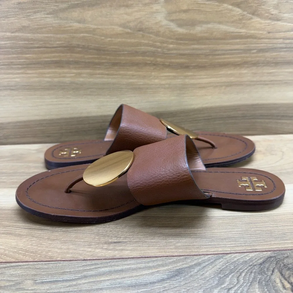 Tory Burch Patos‎ Disk Flip Flops 7 M Mou Tan Milled Calf Leather Resort Travel